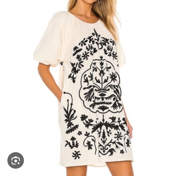 Free People Dresses & Skirts - Free People Cream Dress with Black Floral Embroidery and Pockets, P2P 18